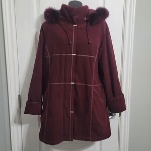 Nuage Burgundy Mid-Length Coat REAL FOX Fur Trim Sz Large